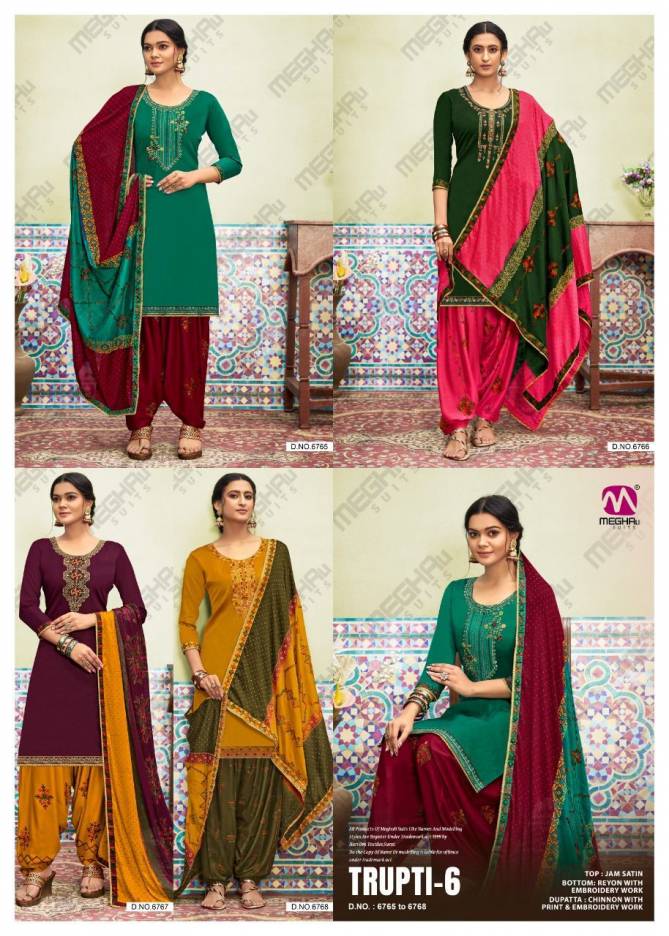 Megha Trupti 6 Jam Satin Fancy Casual Wrat Designer Dress Material Collection